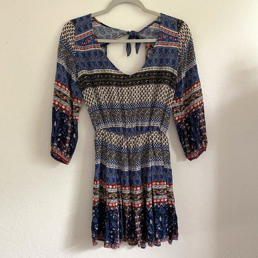 Hollister Womens Dress Mini Boho Open Back Stripe Size S Long Sleeve Tie Floral